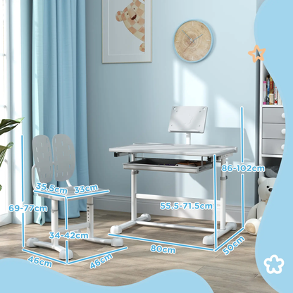AIYAPLAY Height Adjustable Kids Desk and Chair Set, School Study Writing, Reading Table Chair Set w/ Tilted Desktop, Grey by All Mart Bristol Ltd