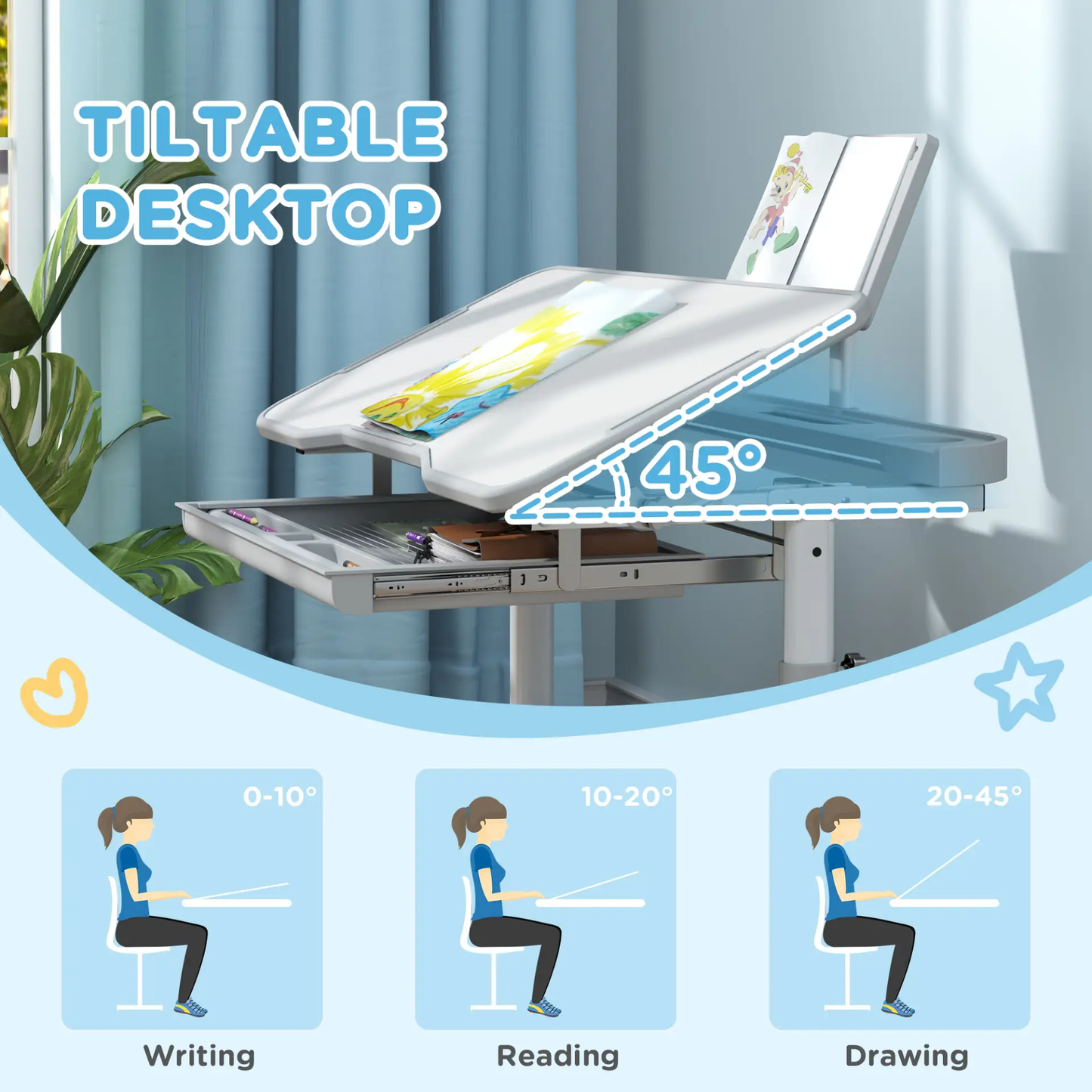 AIYAPLAY Height Adjustable Kids Desk and Chair Set, School Study Writing, Reading Table Chair Set w/ Tilted Desktop, Grey by All Mart Bristol Ltd