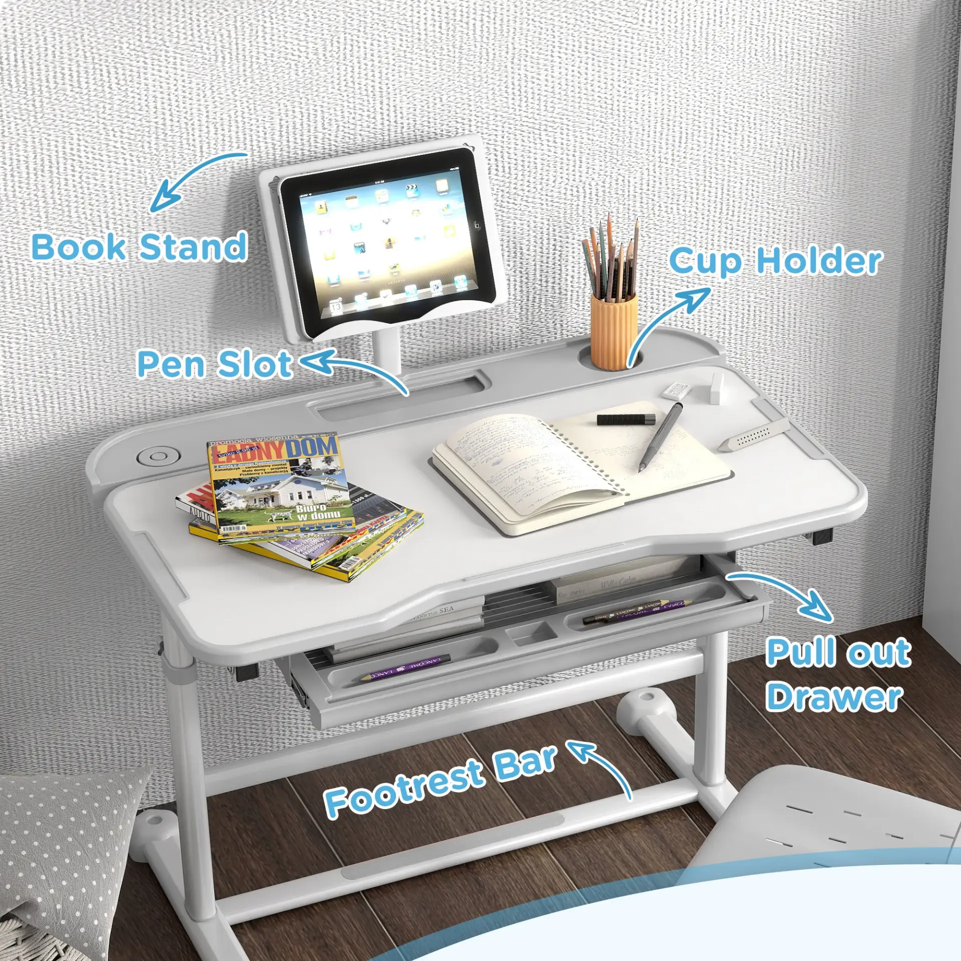 AIYAPLAY Height Adjustable Kids Desk and Chair Set, School Study Writing, Reading Table Chair Set w/ Tilted Desktop, Grey by All Mart Bristol Ltd
