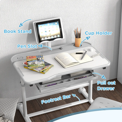AIYAPLAY Height Adjustable Kids Desk and Chair Set, School Study Writing, Reading Table Chair Set w/ Tilted Desktop, Grey by All Mart Bristol Ltd