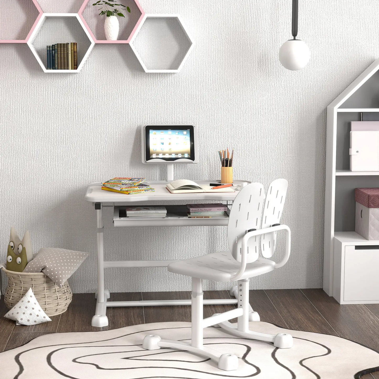 AIYAPLAY Height Adjustable Kids Desk and Chair Set, School Study Writing, Reading Table Chair Set w/ Tilted Desktop, Grey by All Mart Bristol Ltd
