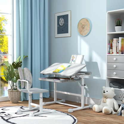 AIYAPLAY Height Adjustable Kids Desk and Chair Set, School Study Writing, Reading Table Chair Set w/ Tilted Desktop, Grey by All Mart Bristol Ltd