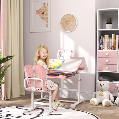 AIYAPLAY Height Adjustable Kids Desk and Chair Set, School Study Writing, Reading Table Chair Set w/ Tilted Desktop, Pink by All Mart Bristol Ltd