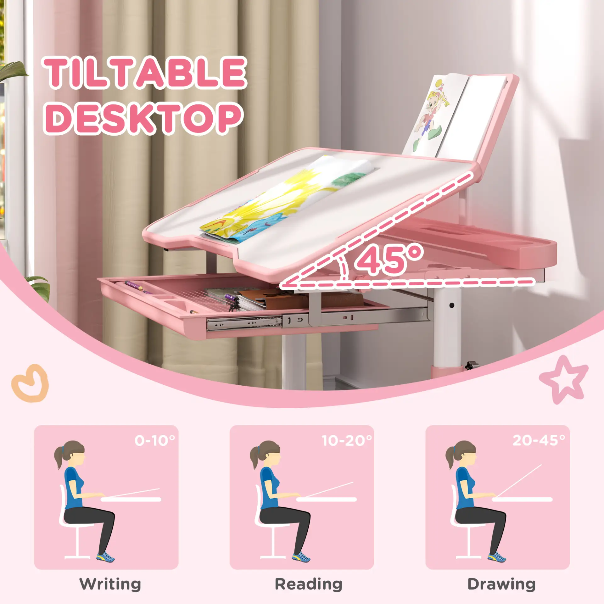 AIYAPLAY Height Adjustable Kids Desk and Chair Set, School Study Writing, Reading Table Chair Set w/ Tilted Desktop, Pink by All Mart Bristol Ltd