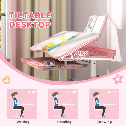 AIYAPLAY Height Adjustable Kids Desk and Chair Set, School Study Writing, Reading Table Chair Set w/ Tilted Desktop, Pink by All Mart Bristol Ltd