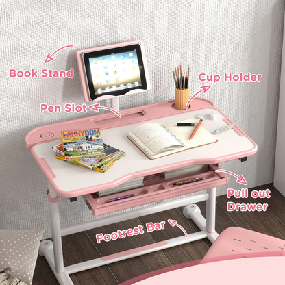 AIYAPLAY Height Adjustable Kids Desk and Chair Set, School Study Writing, Reading Table Chair Set w/ Tilted Desktop, Pink by All Mart Bristol Ltd