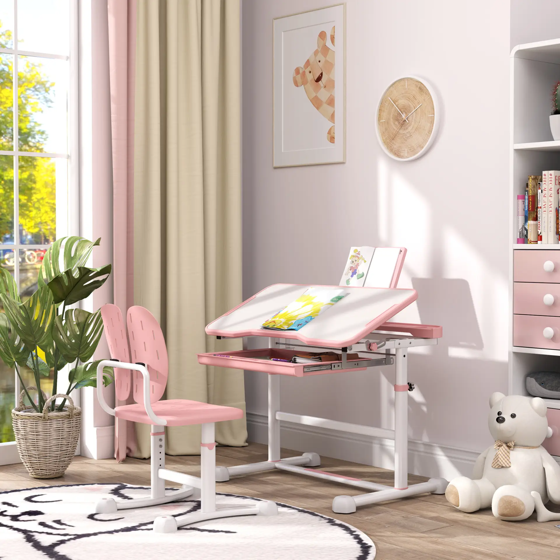 AIYAPLAY Height Adjustable Kids Desk and Chair Set, School Study Writing, Reading Table Chair Set w/ Tilted Desktop, Pink by All Mart Bristol Ltd