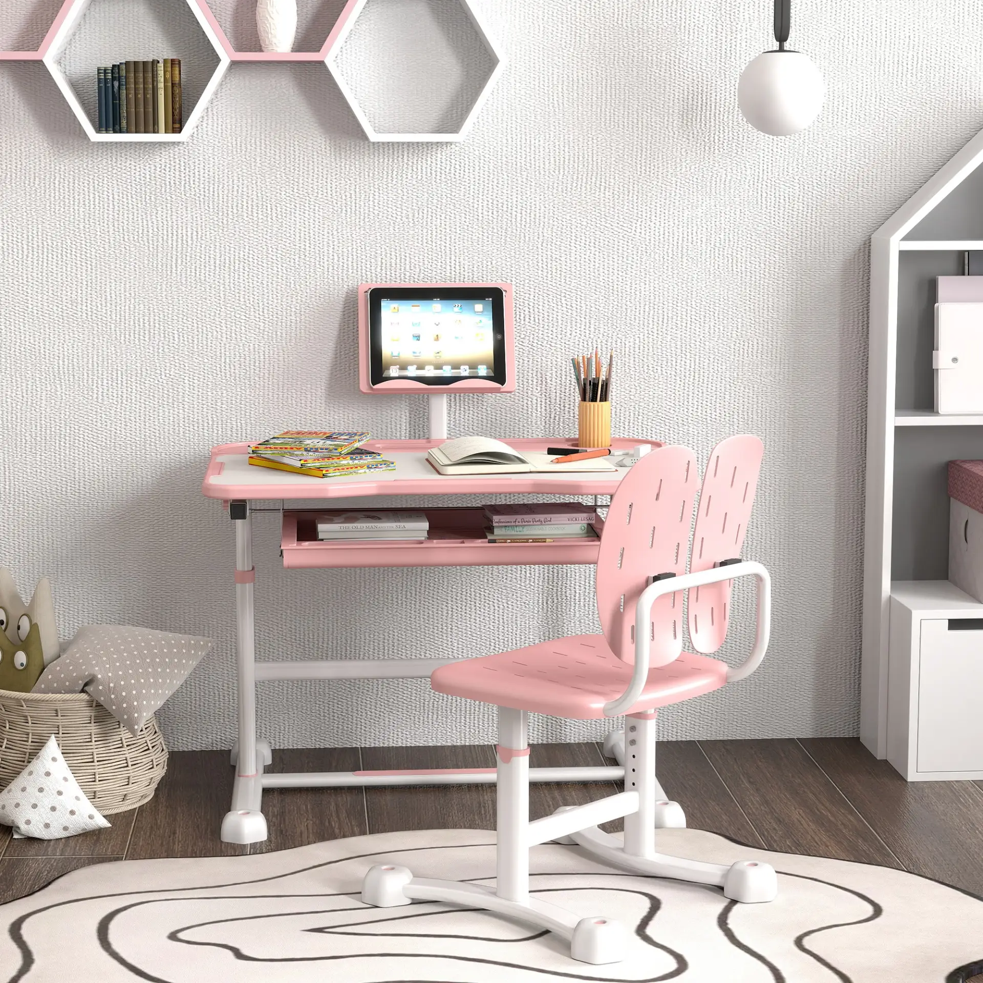 AIYAPLAY Height Adjustable Kids Desk and Chair Set, School Study Writing, Reading Table Chair Set w/ Tilted Desktop, Pink by All Mart Bristol Ltd