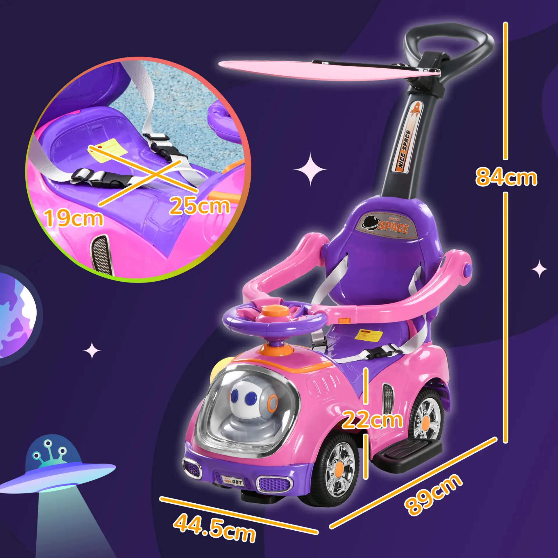 AIYAPLAY 3 in 1 Ride on Push Car, Cartoon Robot Theme Foot to Floor Slider w/ Handle Light Music Horn, Storage - Pink by All Mart Bristol Ltd