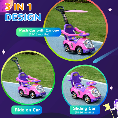 AIYAPLAY 3 in 1 Ride on Push Car, Cartoon Robot Theme Foot to Floor Slider w/ Handle Light Music Horn, Storage - Pink by All Mart Bristol Ltd