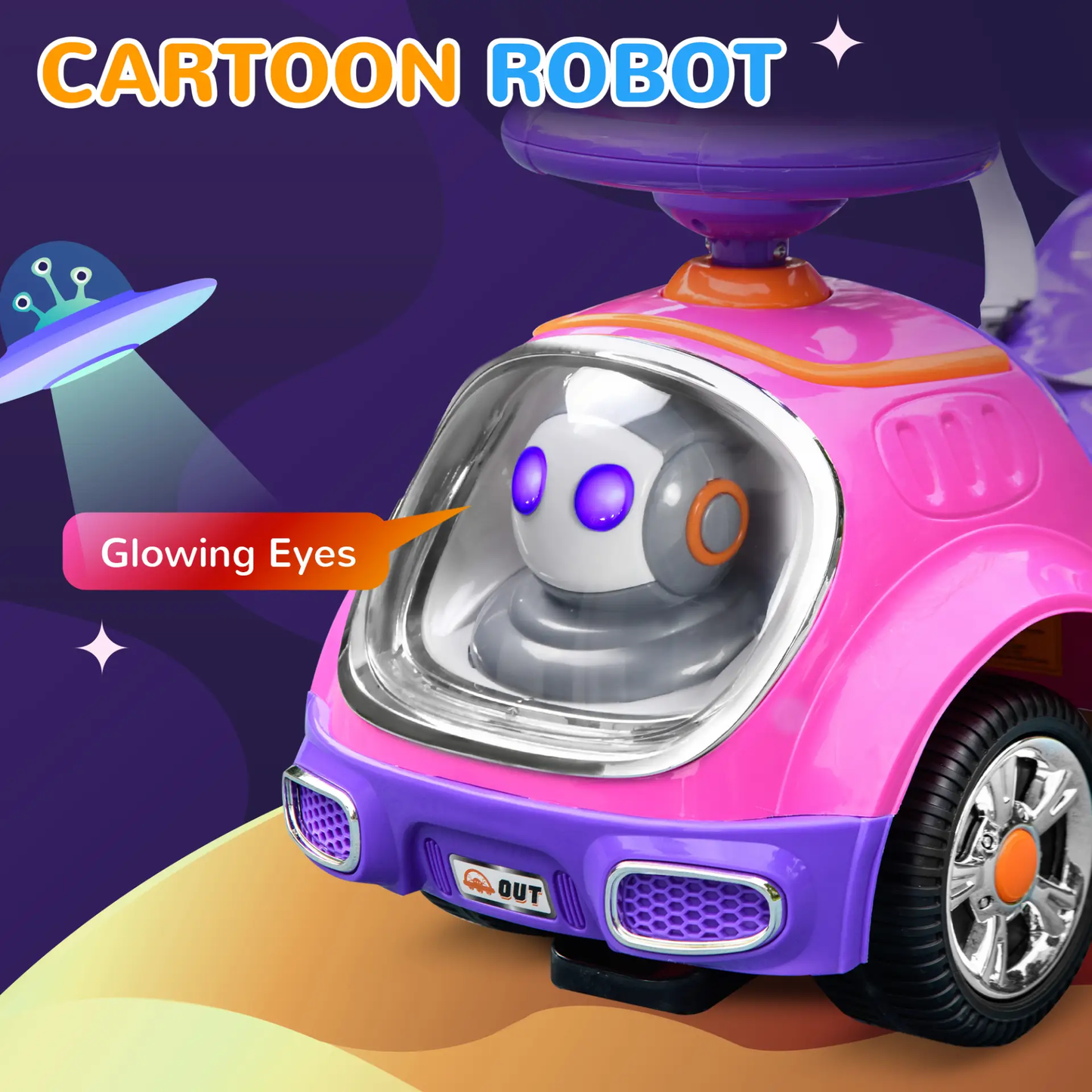 AIYAPLAY 3 in 1 Ride on Push Car, Cartoon Robot Theme Foot to Floor Slider w/ Handle Light Music Horn, Storage - Pink by All Mart Bristol Ltd