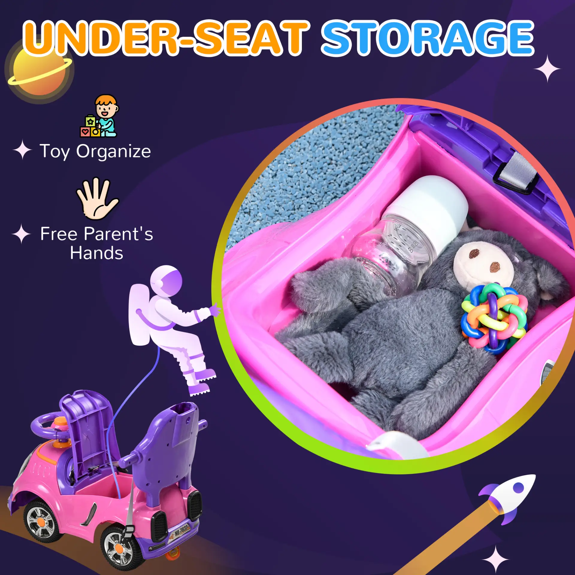 AIYAPLAY 3 in 1 Ride on Push Car, Cartoon Robot Theme Foot to Floor Slider w/ Handle Light Music Horn, Storage - Pink by All Mart Bristol Ltd