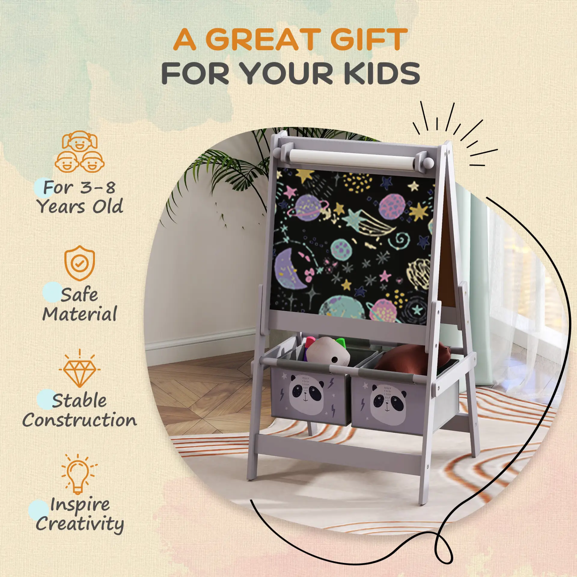 AIYAPLAY 3-In-1 Kids Easel with Paper Roll, Art Easel, with Storage - Grey by All Mart Bristol Ltd