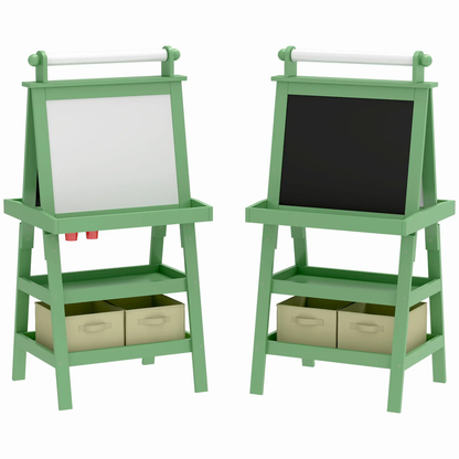 AIYAPLAY 3 in 1 Kids Easel Double-Sided Magnetic Whiteboard and Chalkboard with Paper Roll, Storage Baskets - Green by All Mart Bristol Ltd