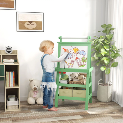 AIYAPLAY 3 in 1 Kids Easel Double-Sided Magnetic Whiteboard and Chalkboard with Paper Roll, Storage Baskets - Green by All Mart Bristol Ltd