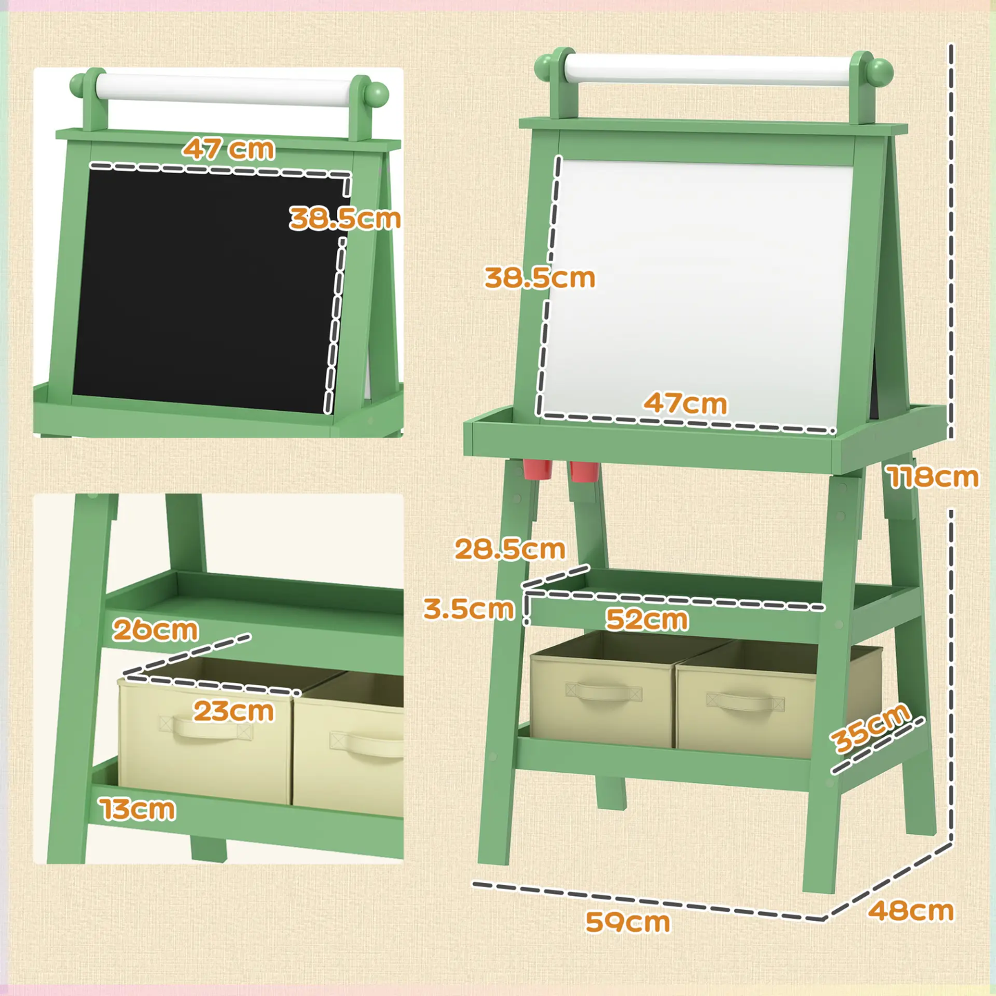 AIYAPLAY 3 in 1 Kids Easel Double-Sided Magnetic Whiteboard and Chalkboard with Paper Roll, Storage Baskets - Green by All Mart Bristol Ltd