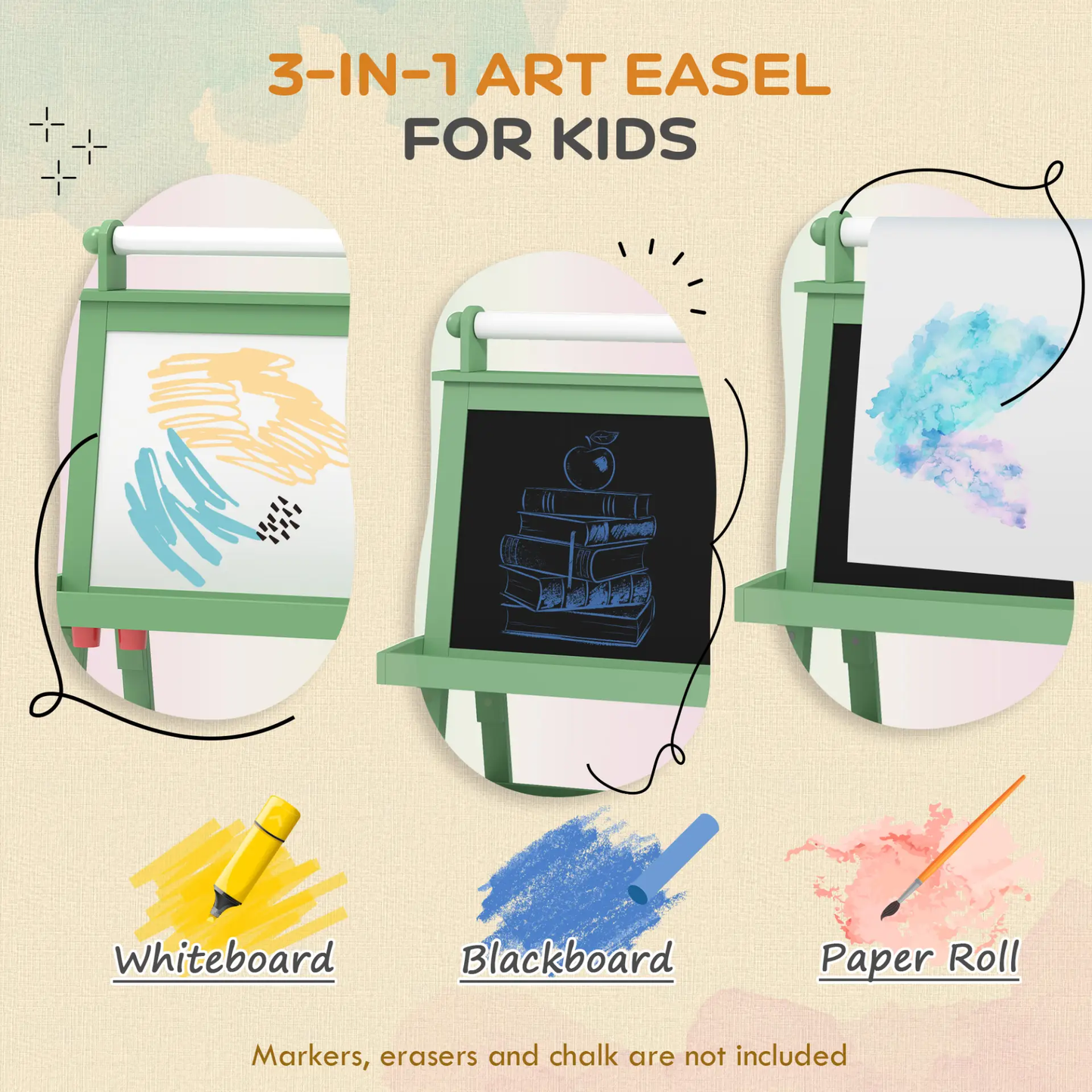 AIYAPLAY 3 in 1 Kids Easel Double-Sided Magnetic Whiteboard and Chalkboard with Paper Roll, Storage Baskets - Green by All Mart Bristol Ltd