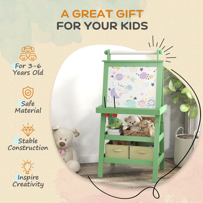 AIYAPLAY 3 in 1 Kids Easel Double-Sided Magnetic Whiteboard and Chalkboard with Paper Roll, Storage Baskets - Green by All Mart Bristol Ltd