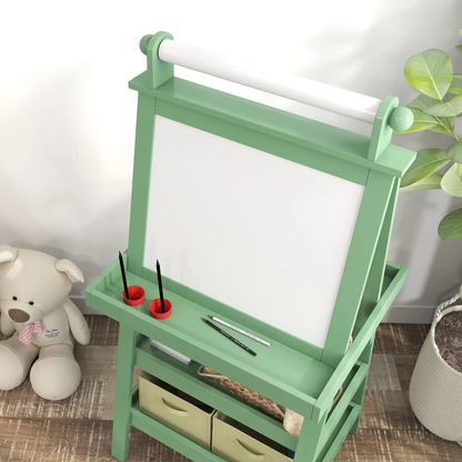 AIYAPLAY 3 in 1 Kids Easel Double-Sided Magnetic Whiteboard and Chalkboard with Paper Roll, Storage Baskets - Green by All Mart Bristol Ltd