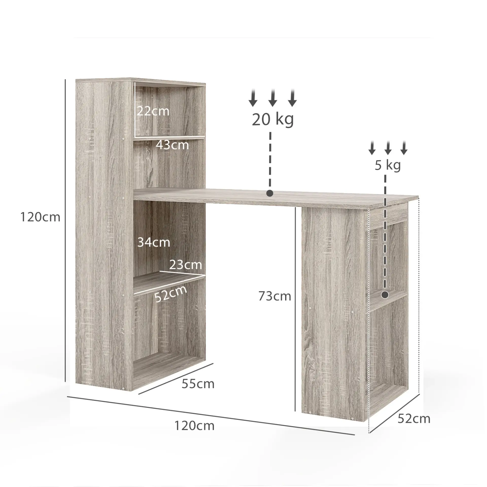 HOMCOM 120cm Computer Desk, Wooden PC Laptop Table with 6-Tier Storage Bookshelves, Home Office Working Study Desk, Writing Workstation, Grey by All Mart Bristol Ltd