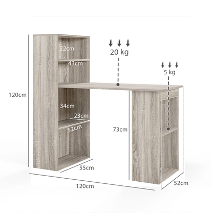HOMCOM 120cm Computer Desk, Wooden PC Laptop Table with 6-Tier Storage Bookshelves, Home Office Working Study Desk, Writing Workstation, Grey by All Mart Bristol Ltd