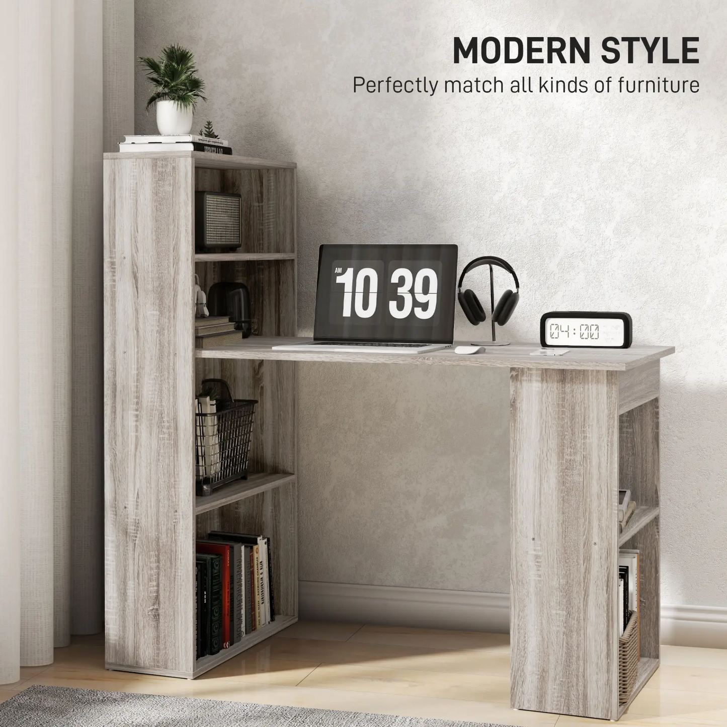 HOMCOM 120cm Computer Desk, Wooden PC Laptop Table with 6-Tier Storage Bookshelves, Home Office Working Study Desk, Writing Workstation, Grey by All Mart Bristol Ltd