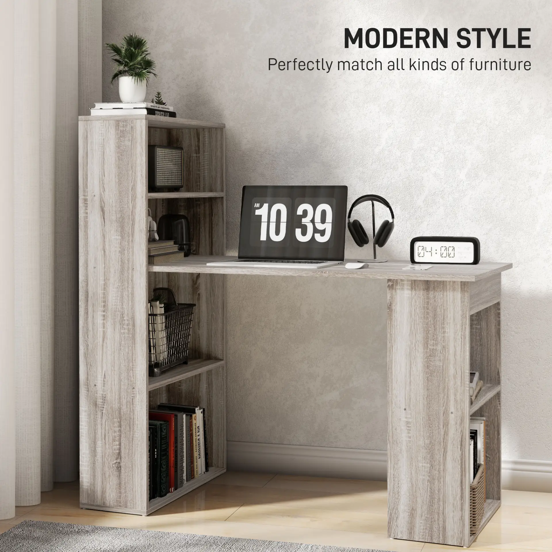 HOMCOM 120cm Computer Desk, Wooden PC Laptop Table with 6-Tier Storage Bookshelves, Home Office Working Study Desk, Writing Workstation, Grey by All Mart Bristol Ltd