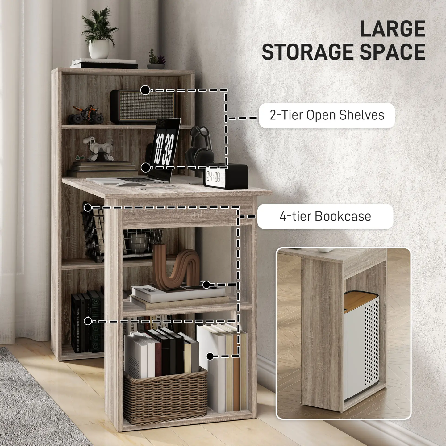 HOMCOM 120cm Computer Desk, Wooden PC Laptop Table with 6-Tier Storage Bookshelves, Home Office Working Study Desk, Writing Workstation, Grey by All Mart Bristol Ltd