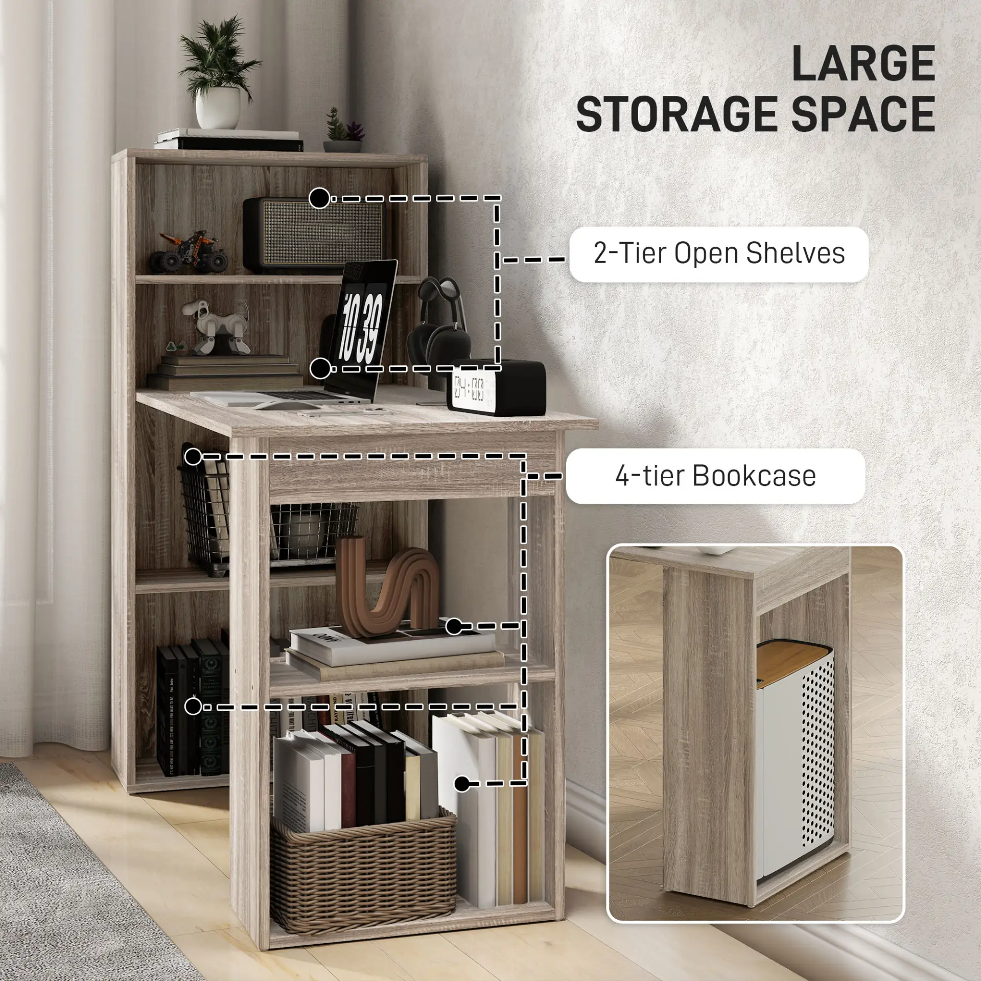 HOMCOM 120cm Computer Desk, Wooden PC Laptop Table with 6-Tier Storage Bookshelves, Home Office Working Study Desk, Writing Workstation, Grey by All Mart Bristol Ltd
