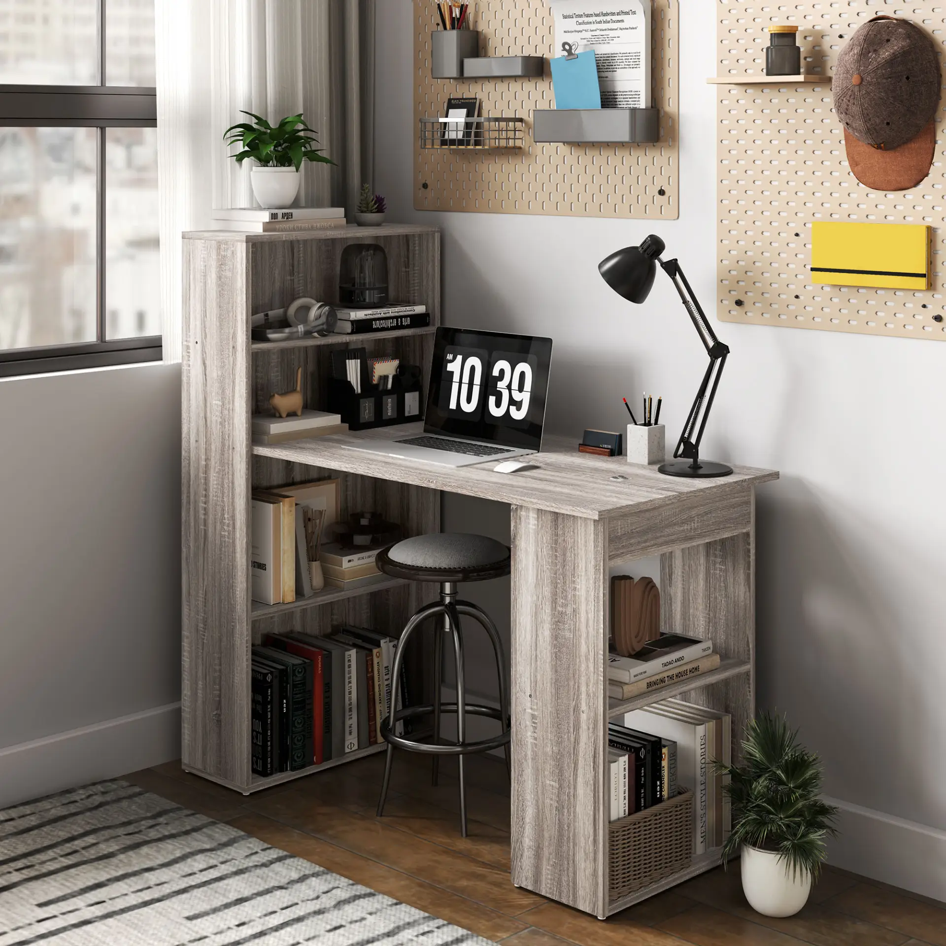HOMCOM 120cm Computer Desk, Wooden PC Laptop Table with 6-Tier Storage Bookshelves, Home Office Working Study Desk, Writing Workstation, Grey by All Mart Bristol Ltd