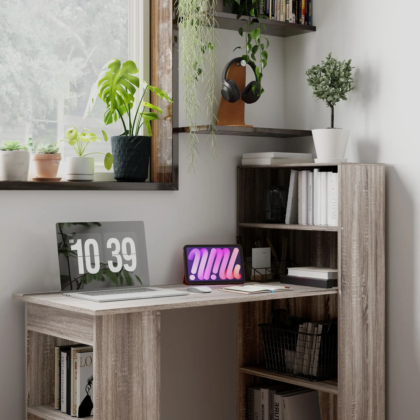 HOMCOM 120cm Computer Desk, Wooden PC Laptop Table with 6-Tier Storage Bookshelves, Home Office Working Study Desk, Writing Workstation, Grey by All Mart Bristol Ltd