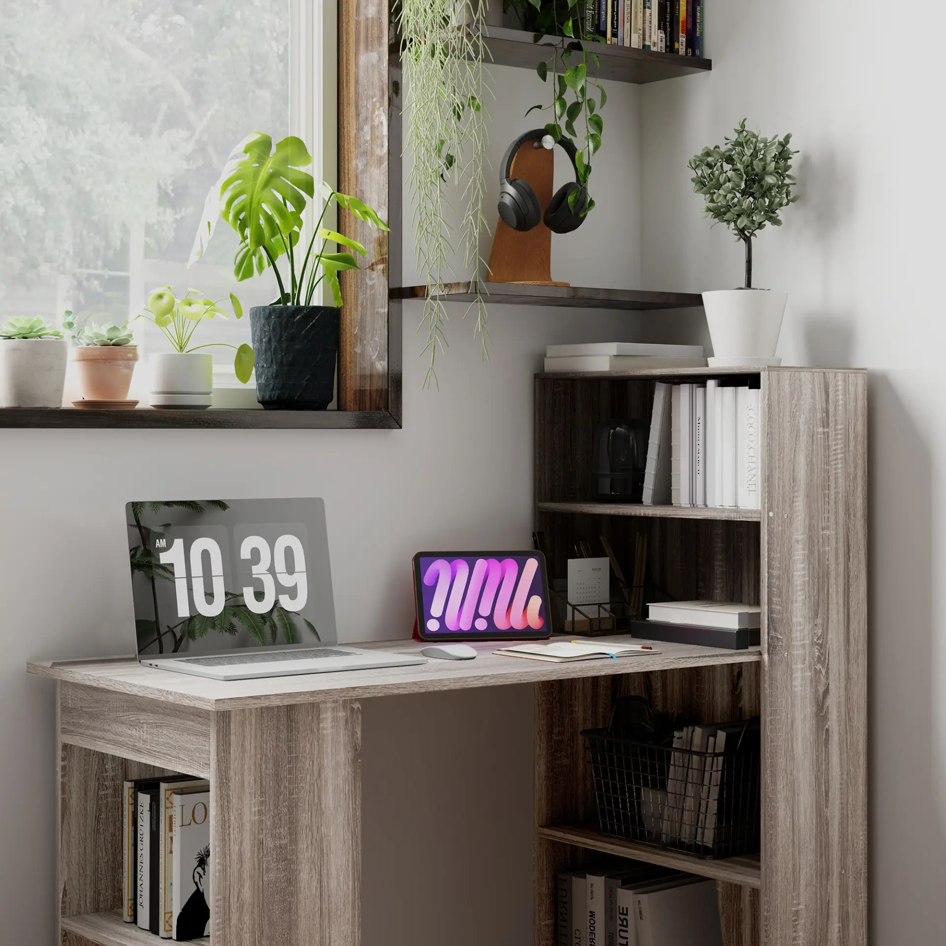 HOMCOM 120cm Computer Desk, Wooden PC Laptop Table with 6-Tier Storage Bookshelves, Home Office Working Study Desk, Writing Workstation, Grey by All Mart Bristol Ltd