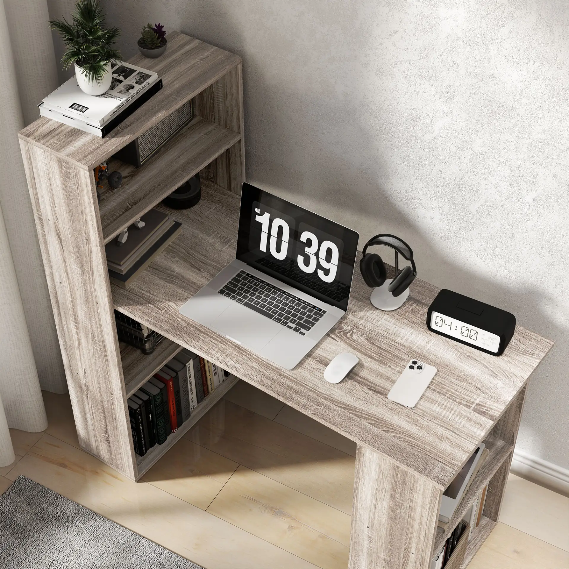 HOMCOM 120cm Computer Desk, Wooden PC Laptop Table with 6-Tier Storage Bookshelves, Home Office Working Study Desk, Writing Workstation, Grey by All Mart Bristol Ltd