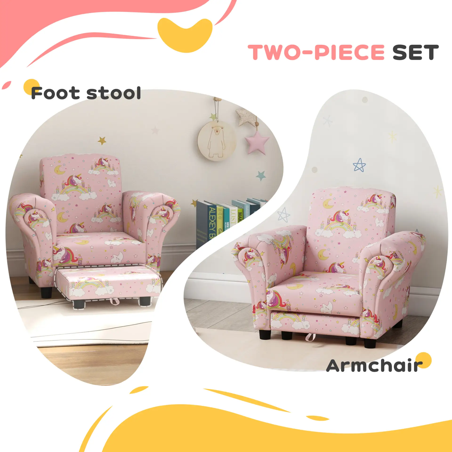 AIYAPLAY 2 Piece Kids Sofa Set with Unicorn Design, Wooden Frame, for 1.5-3 Years Old, Pink by All Mart Bristol Ltd