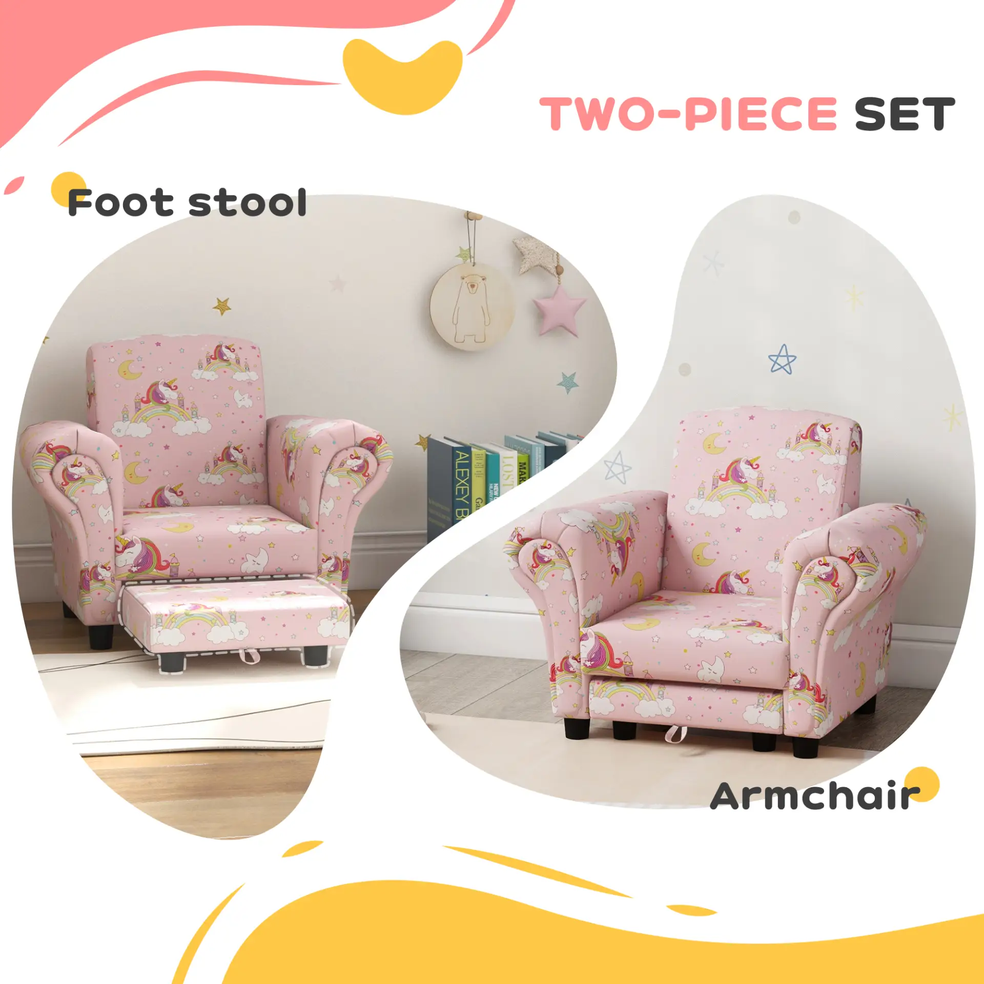 AIYAPLAY 2 Piece Kids Sofa Set with Unicorn Design, Wooden Frame, for 1.5-3 Years Old, Pink by All Mart Bristol Ltd