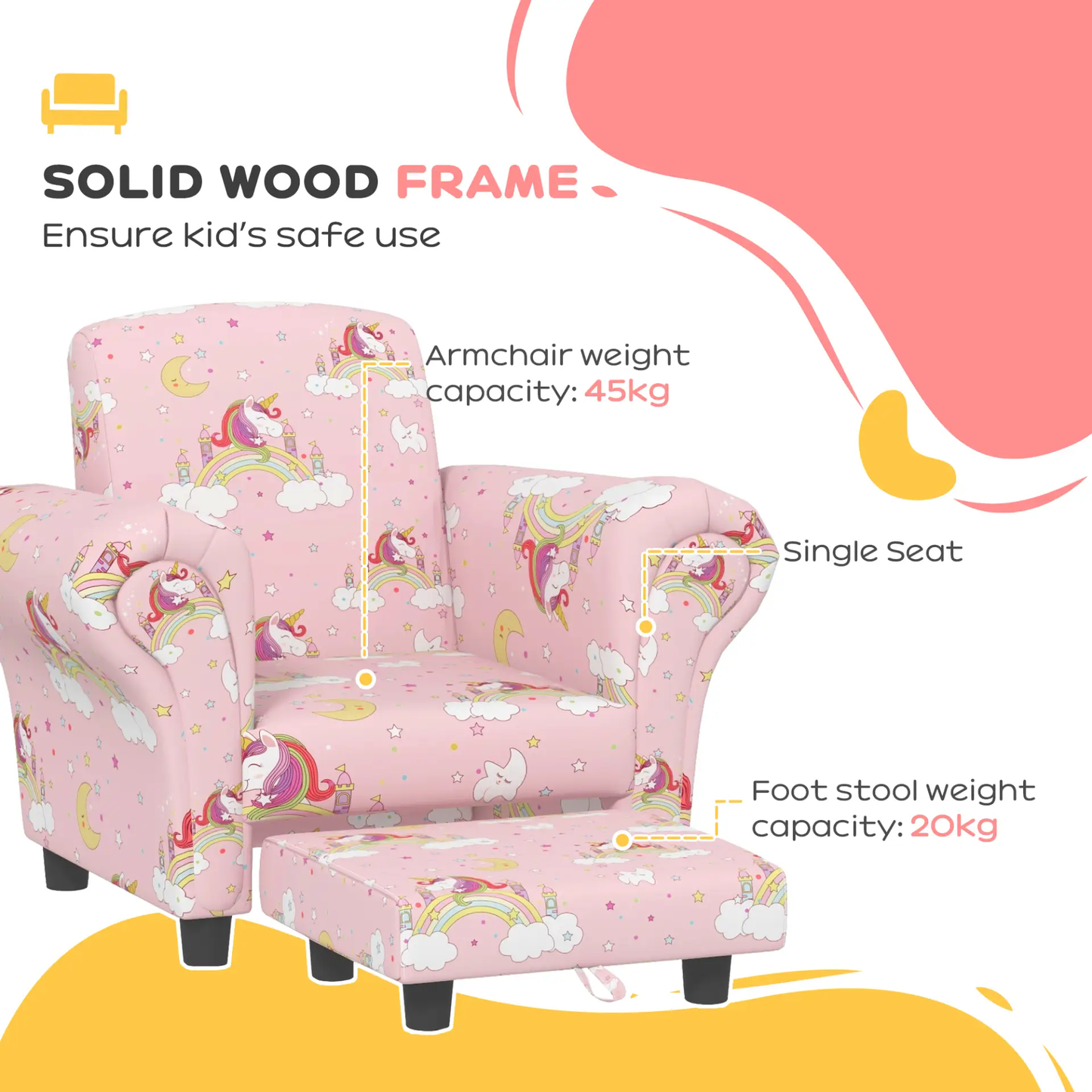 AIYAPLAY 2 Piece Kids Sofa Set with Unicorn Design, Wooden Frame, for 1.5-3 Years Old, Pink by All Mart Bristol Ltd