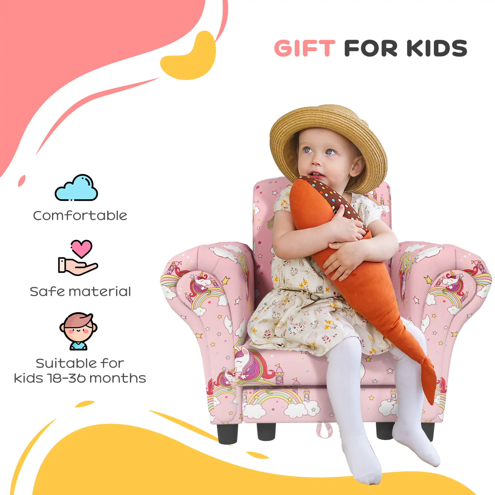 AIYAPLAY 2 Piece Kids Sofa Set with Unicorn Design, Wooden Frame, for 1.5-3 Years Old, Pink by All Mart Bristol Ltd