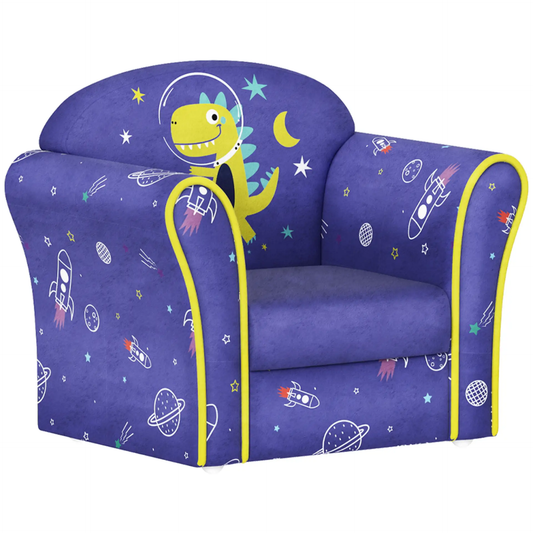 AIYAPLAY Kids Armchair with Planet Dinosaurs Design, Wooden Frame, for Bedroom, Playroom, Kids Room - Blue by All Mart Bristol Ltd