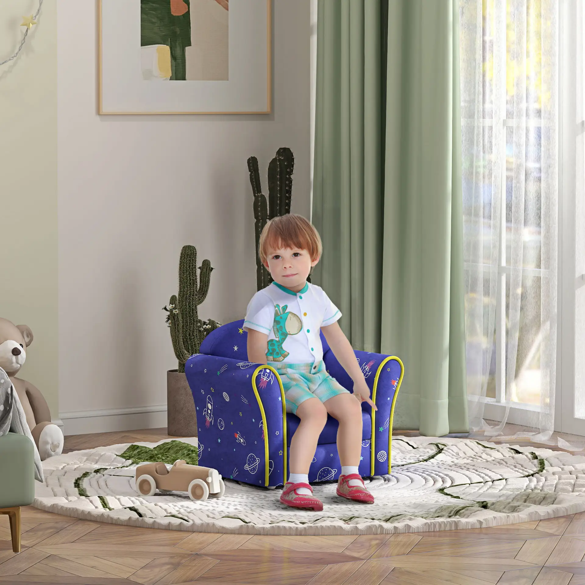 AIYAPLAY Kids Armchair with Planet Dinosaurs Design, Wooden Frame, for Bedroom, Playroom, Kids Room - Blue by All Mart Bristol Ltd
