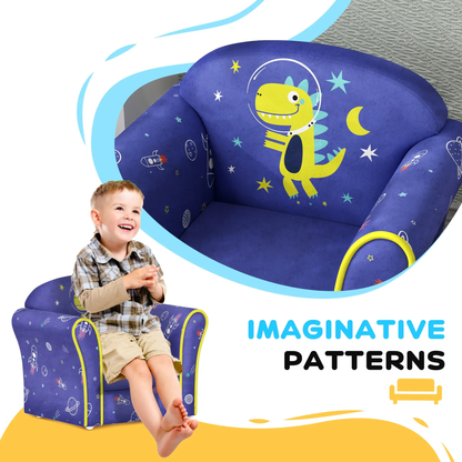 AIYAPLAY Kids Armchair with Planet Dinosaurs Design, Wooden Frame, for Bedroom, Playroom, Kids Room - Blue by All Mart Bristol Ltd