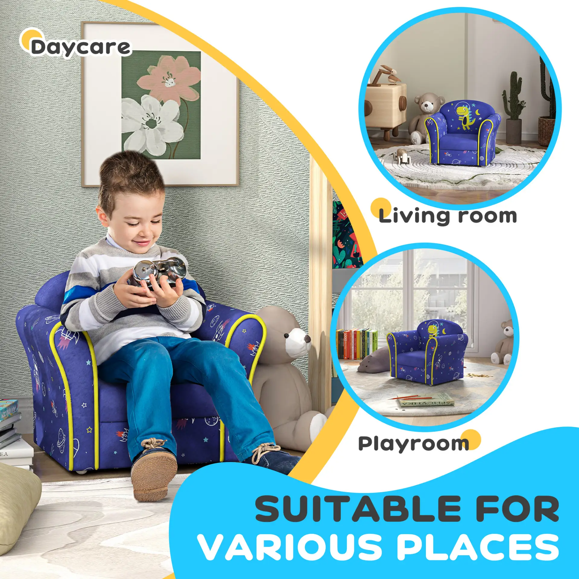 AIYAPLAY Kids Armchair with Planet Dinosaurs Design, Wooden Frame, for Bedroom, Playroom, Kids Room - Blue by All Mart Bristol Ltd