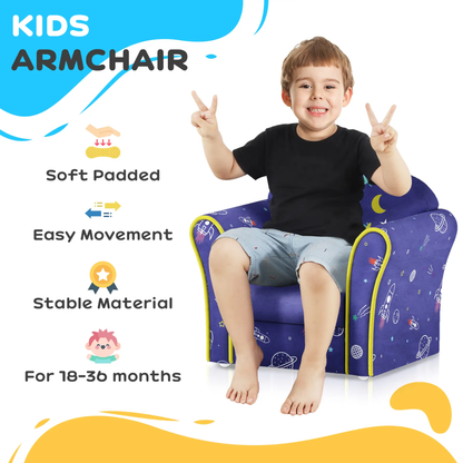AIYAPLAY Kids Armchair with Planet Dinosaurs Design, Wooden Frame, for Bedroom, Playroom, Kids Room - Blue by All Mart Bristol Ltd