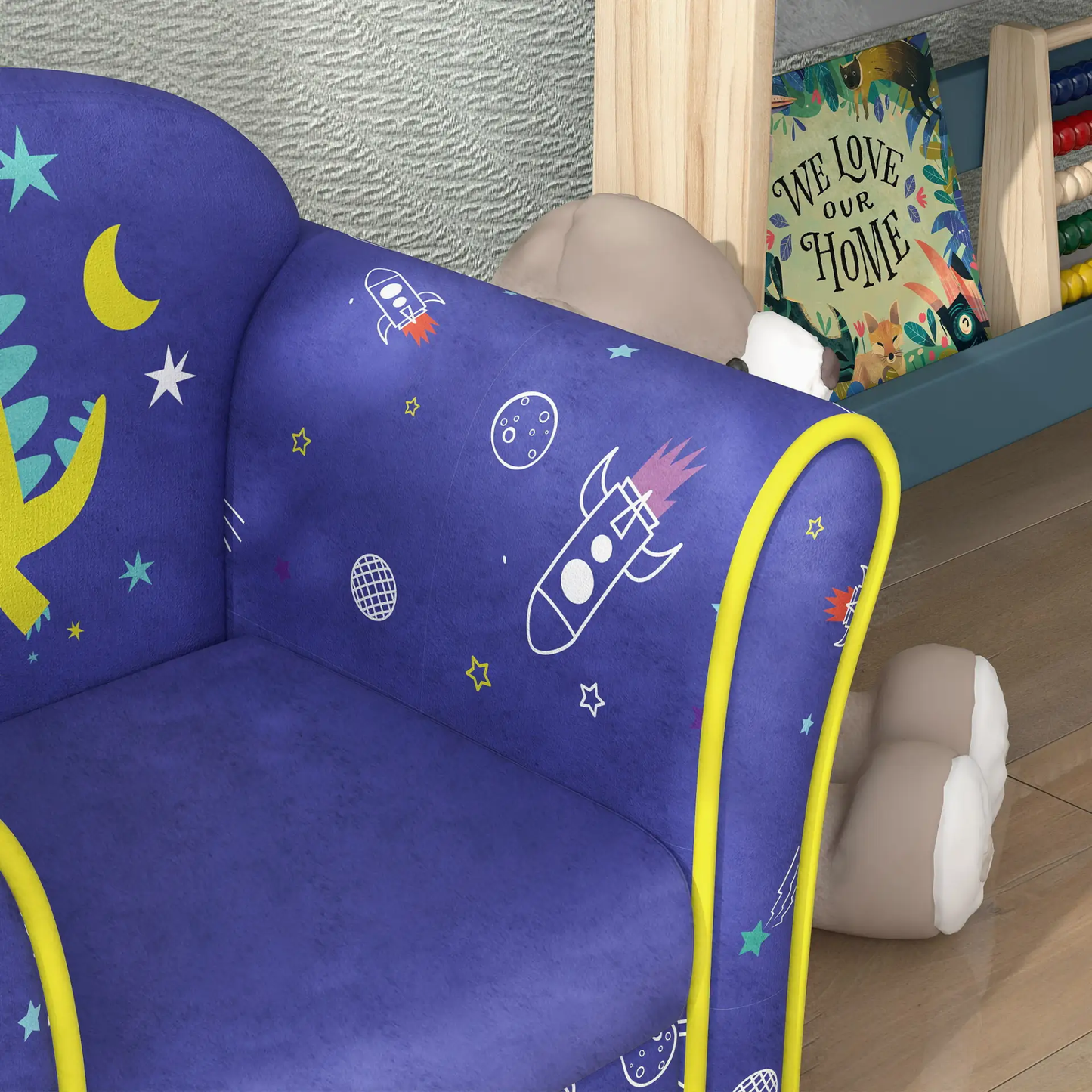AIYAPLAY Kids Armchair with Planet Dinosaurs Design, Wooden Frame, for Bedroom, Playroom, Kids Room - Blue by All Mart Bristol Ltd