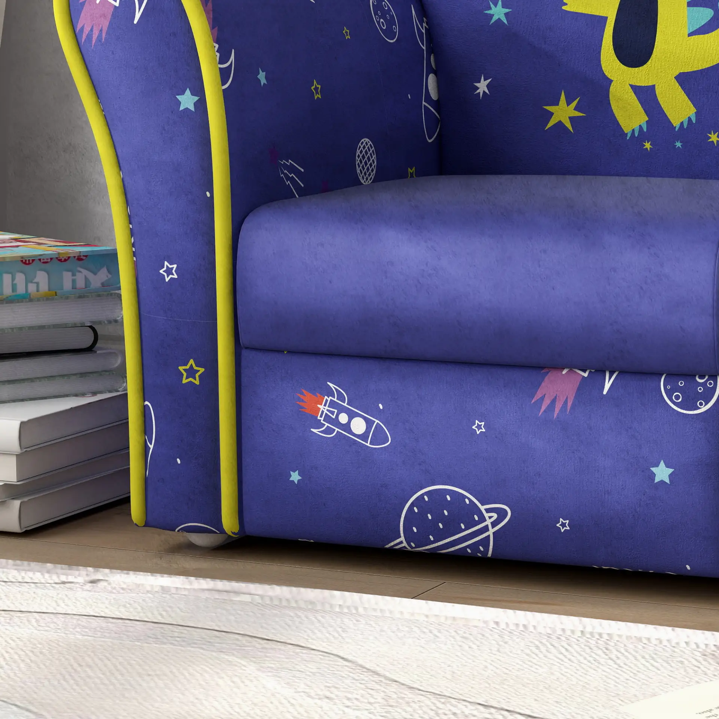 AIYAPLAY Kids Armchair with Planet Dinosaurs Design, Wooden Frame, for Bedroom, Playroom, Kids Room - Blue by All Mart Bristol Ltd