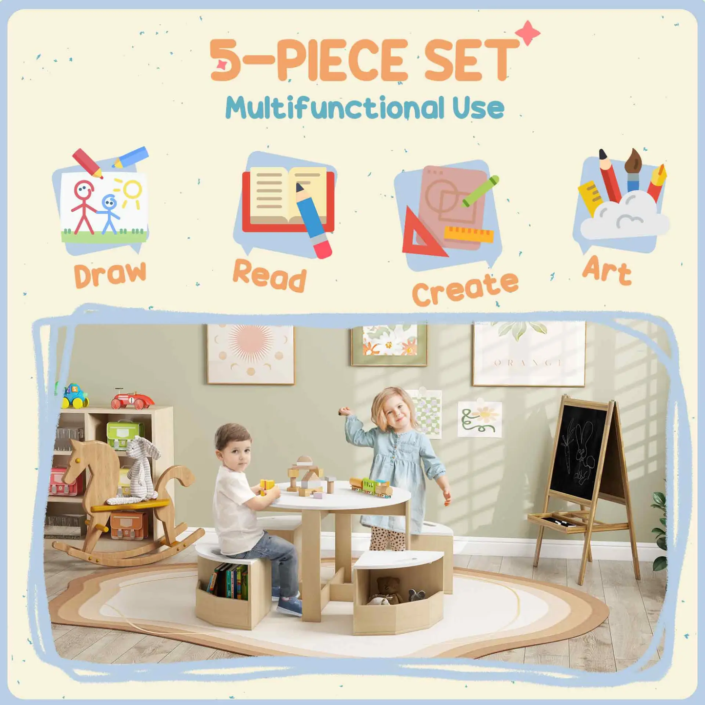 AIYAPLAY Five-Piece Kids Table and Chairs Set with Storage, for Ages 3-8 Years, White by All Mart Bristol Ltd