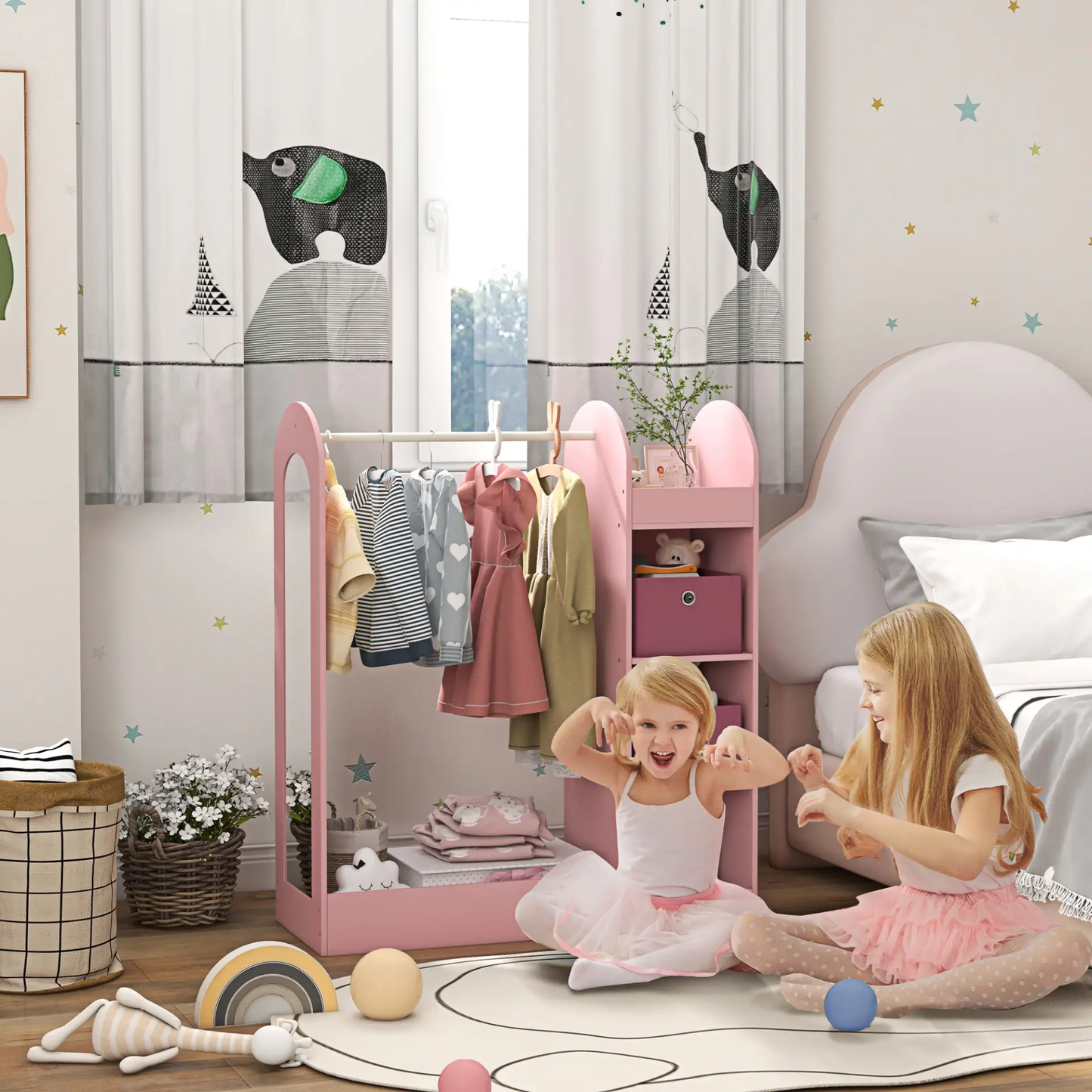 AIYAPLAY Kids Clothes Rail with Storage Shelf, Boxes, Mirror for Bedroom, Nursery, Pink by All Mart Bristol Ltd