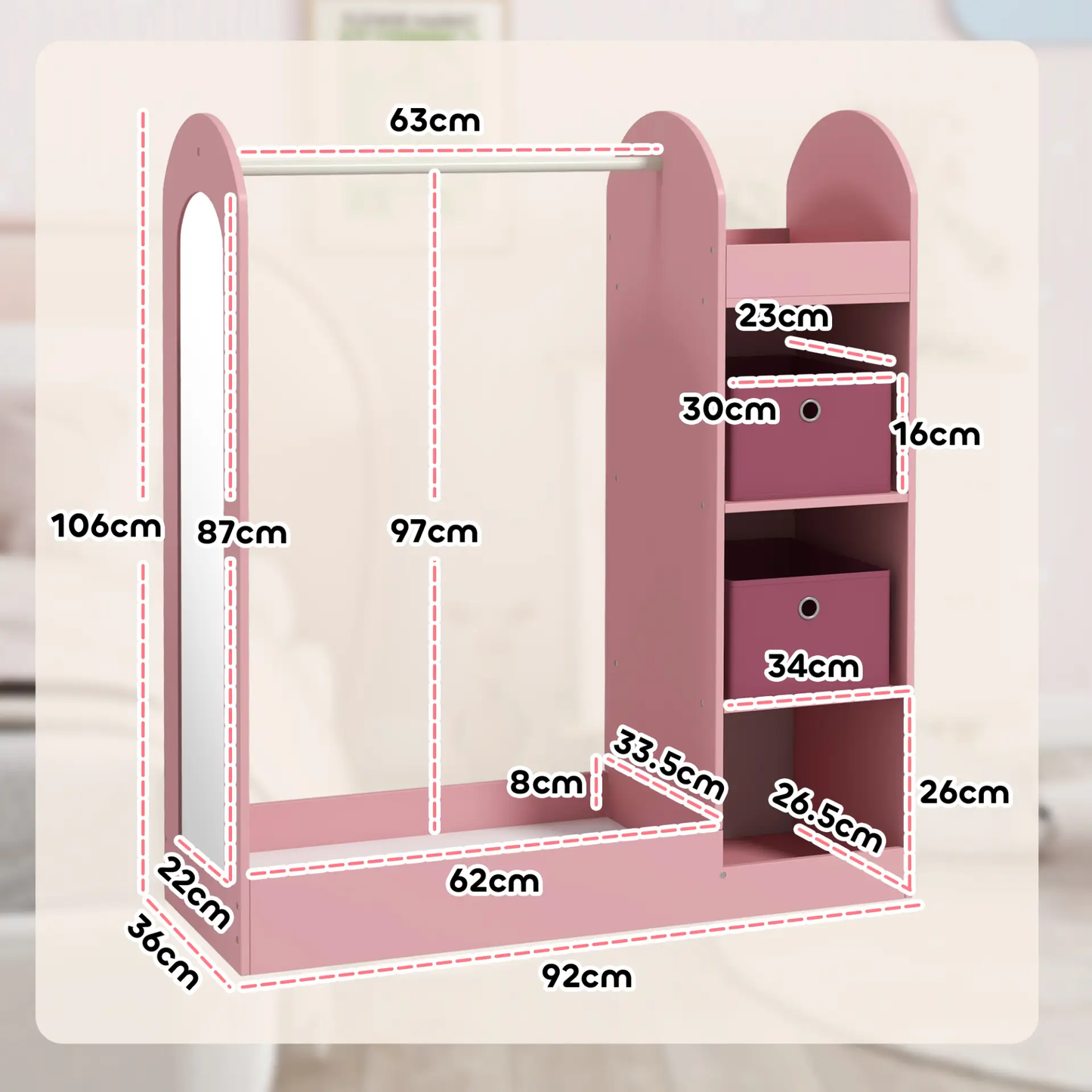 AIYAPLAY Kids Clothes Rail with Storage Shelf, Boxes, Mirror for Bedroom, Nursery, Pink by All Mart Bristol Ltd