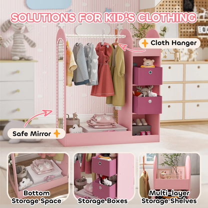 AIYAPLAY Kids Clothes Rail with Storage Shelf, Boxes, Mirror for Bedroom, Nursery, Pink by All Mart Bristol Ltd