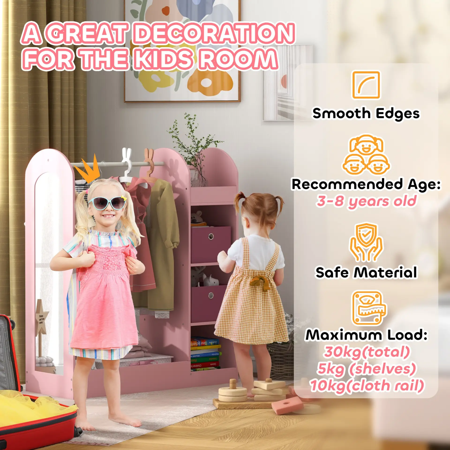 AIYAPLAY Kids Clothes Rail with Storage Shelf, Boxes, Mirror for Bedroom, Nursery, Pink by All Mart Bristol Ltd