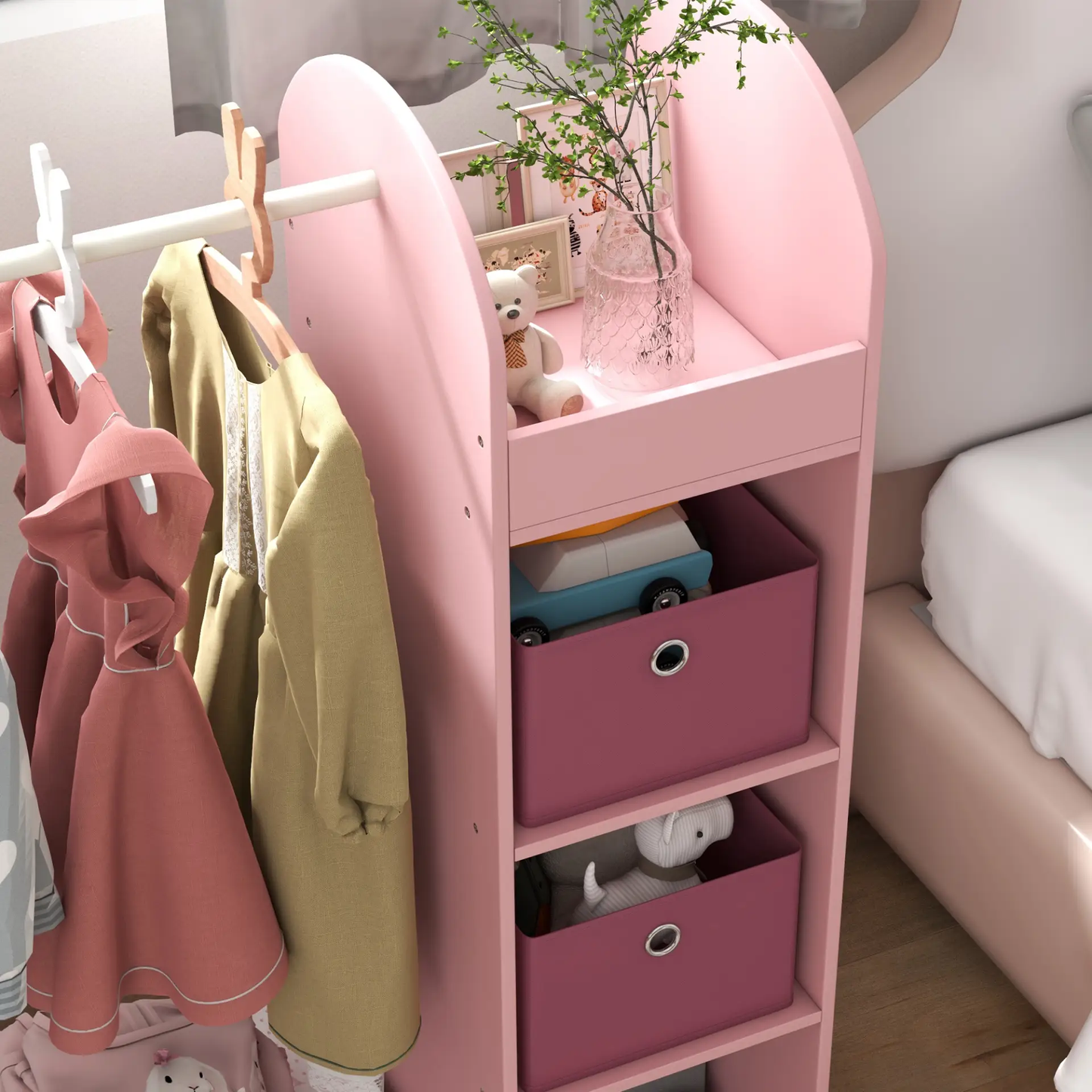 AIYAPLAY Kids Clothes Rail with Storage Shelf, Boxes, Mirror for Bedroom, Nursery, Pink by All Mart Bristol Ltd